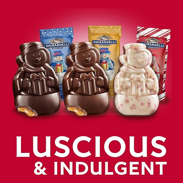 GHIRARDELLI CHOCOLATE ASSORTED SNOWMEN, HOLIDAY COLLECTION WITH MILK CHOCOLATE CARAMEL, DARK CHOCOLATE SEA SALT CARAMEL, AND PEPPERMINT BARK, 10.2 OZ BAG