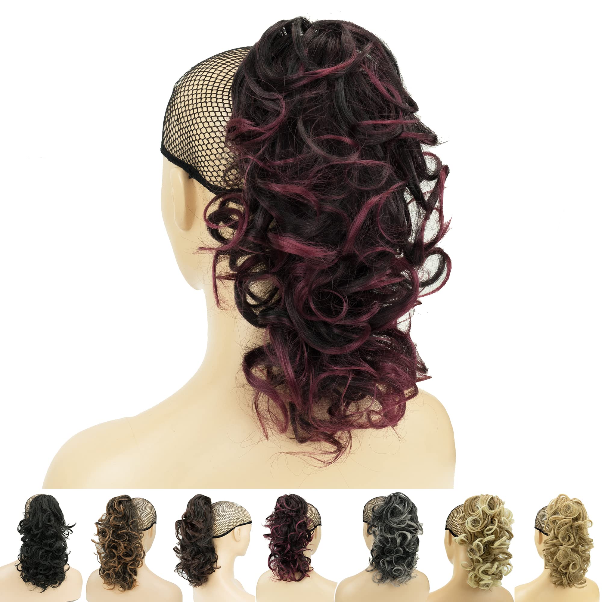 IMISSU Messy Curly Hair Short Claw Ponytail Hair Extensions Pony Tail Clip in Hairpieces (Black Ombre Burgundy)