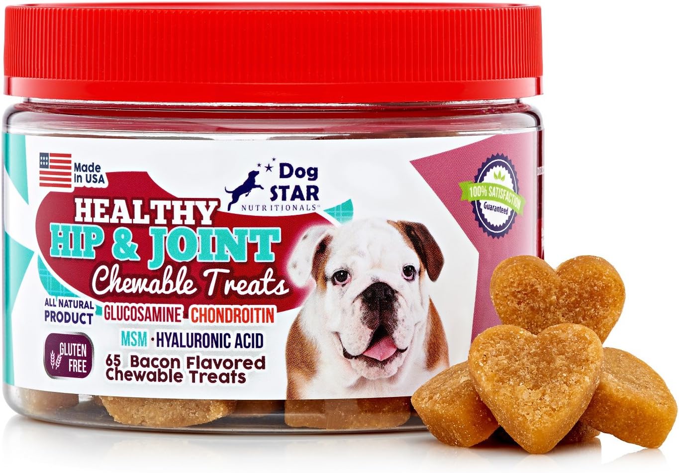 Glucosamine Chondroitin MSM and Hyaluronic Acid Soft Chews 9.5 ounce jar contains 65 Bacon Flavored Joint Supplement Treats for Dogs - Our Joint Chews Make It Easy to Swallow Unlike Pills or Powders
