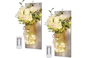 HOMECOR Wall Decor Mason Jar Sconces - Home Decor Wall Art Hanging Design with Remote Control LED Fairy Lights and White Rose, Farmhouse Wall Decorations for Bedroom Living Room Lights Set of Two