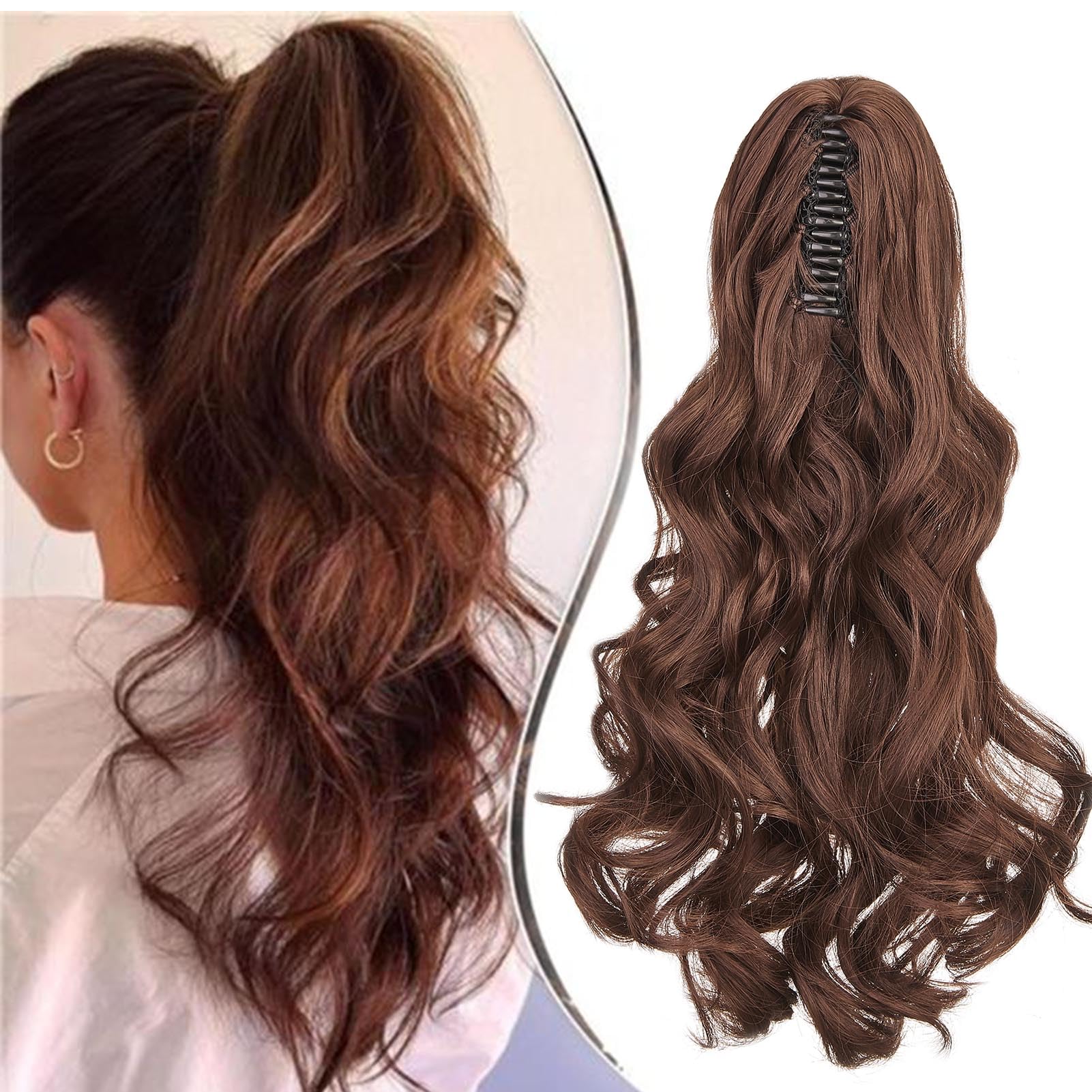 Cybelleza Ponytail Extension Curly Wavy Claw Jaw Pony Tail 18" One Piece Clip in Hair Extensions Ponytail Hairpiece Synthetic Long Natural for Women, Dark Brown & Dark Auburn