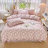 BuLuTu Cute Rabbit Floral Duvet Cover Queen Size Children Bedding 100% Cotton Comforter Cover Queen with 2 Pillow Cases for Kids Teens Girls, 3 Pc Bed Sets, Zipper & Corner Ties