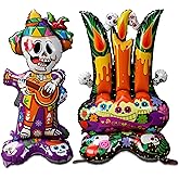 Cinnvoice 2 Pcs 61 Inch Day of The Dead Foil Balloons Large Sugar Skull Balloons Halloween Inflatables Sugar Skull Decorations with Standing Base for Halloween Mexican Fiesta Party Decorations