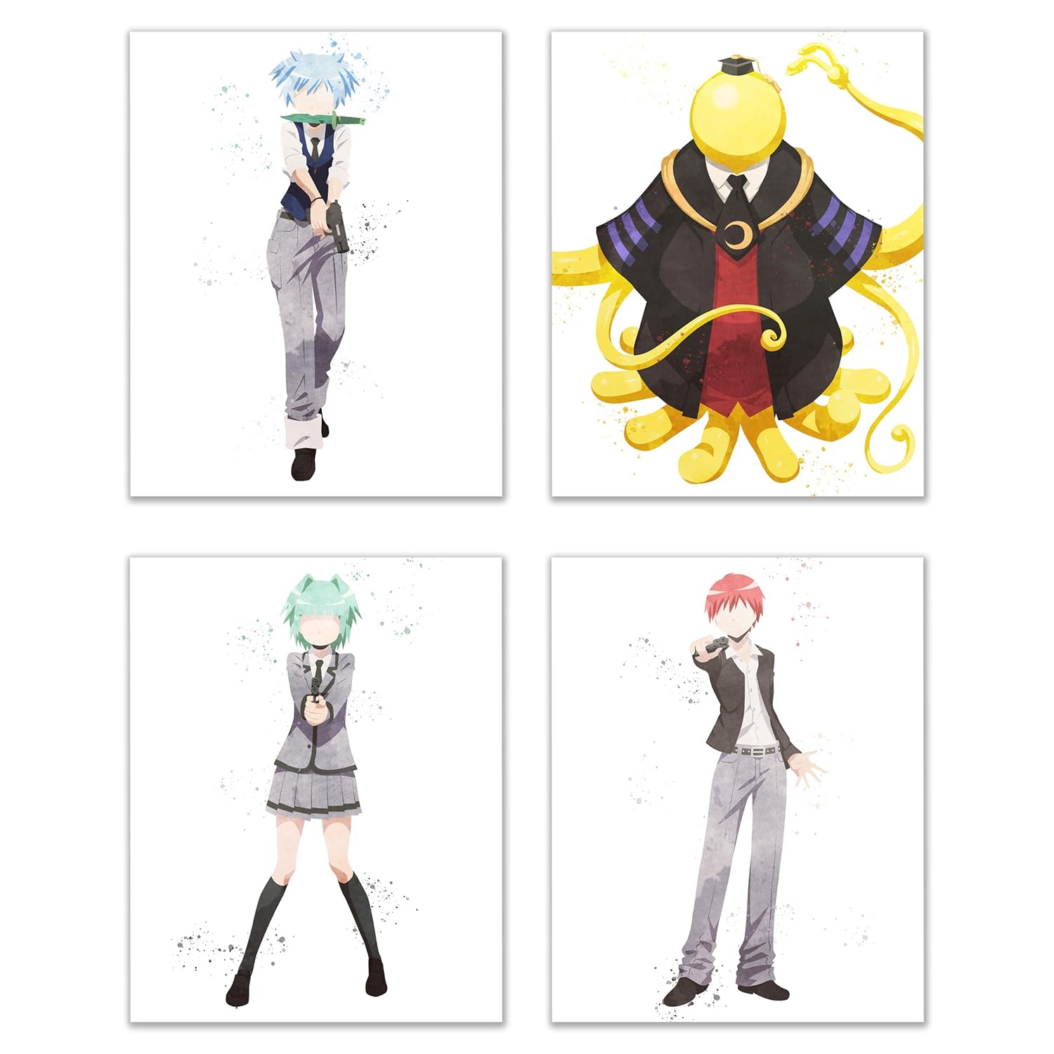 Watercolor Assassination Classroom Ansatsu Kyoushitsu Prints Set Of 4 8x10 Inches Glossy Anime Manga Shonen Wall Art Decor Nagisa Shiota Koro Sensei Kaede Kayano Karma Akabane Amazon In Home Kitchen