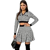 SCHDHTRM Women’s Houndstooth Two Piece Outfit, Long Sleeve Crop Top & A-Line Mini Skirt, Chic Matching Set