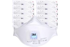 3M Aura Particulate Respirator 9211+, N95, Pack of 10 Disposable Respirators, Individually Wrapped, Cool Flow Valve, Flat Fold Design Allows for Facial Movement, NIOSH Approved, Comfort Plus, Dust