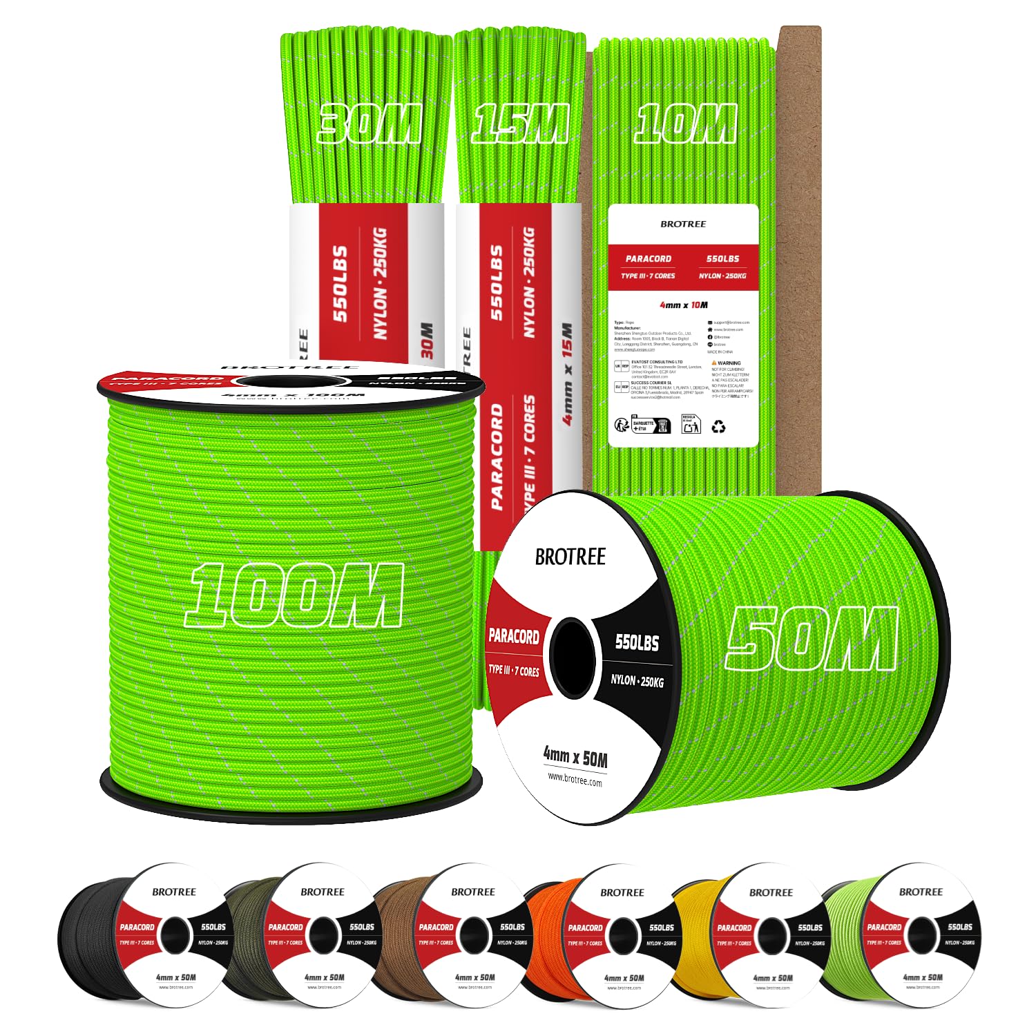 Brotree 4mm Paracord 550 100M 100% Nylon Rope 7 Strands Type III Parachute Cord for Outdoor and DIY - 250kg Breaking Load (Reflective Neon Green)