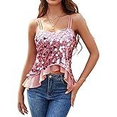 HomRain Women's Sexy Sequin Tops V Neck Strappy Casual Glitter Sparkly Camisole with Ruffle Party Sleeveless Tank Tops