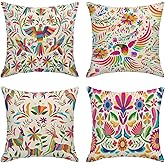 Sanwarm Throw Pillow Covers Home Decor Set of 4 Pillow Cases Decorative 20 x 20 Inches Cushion Couch Sofa Pillowcases Mexican Colorful Ethnic Birds Flowers