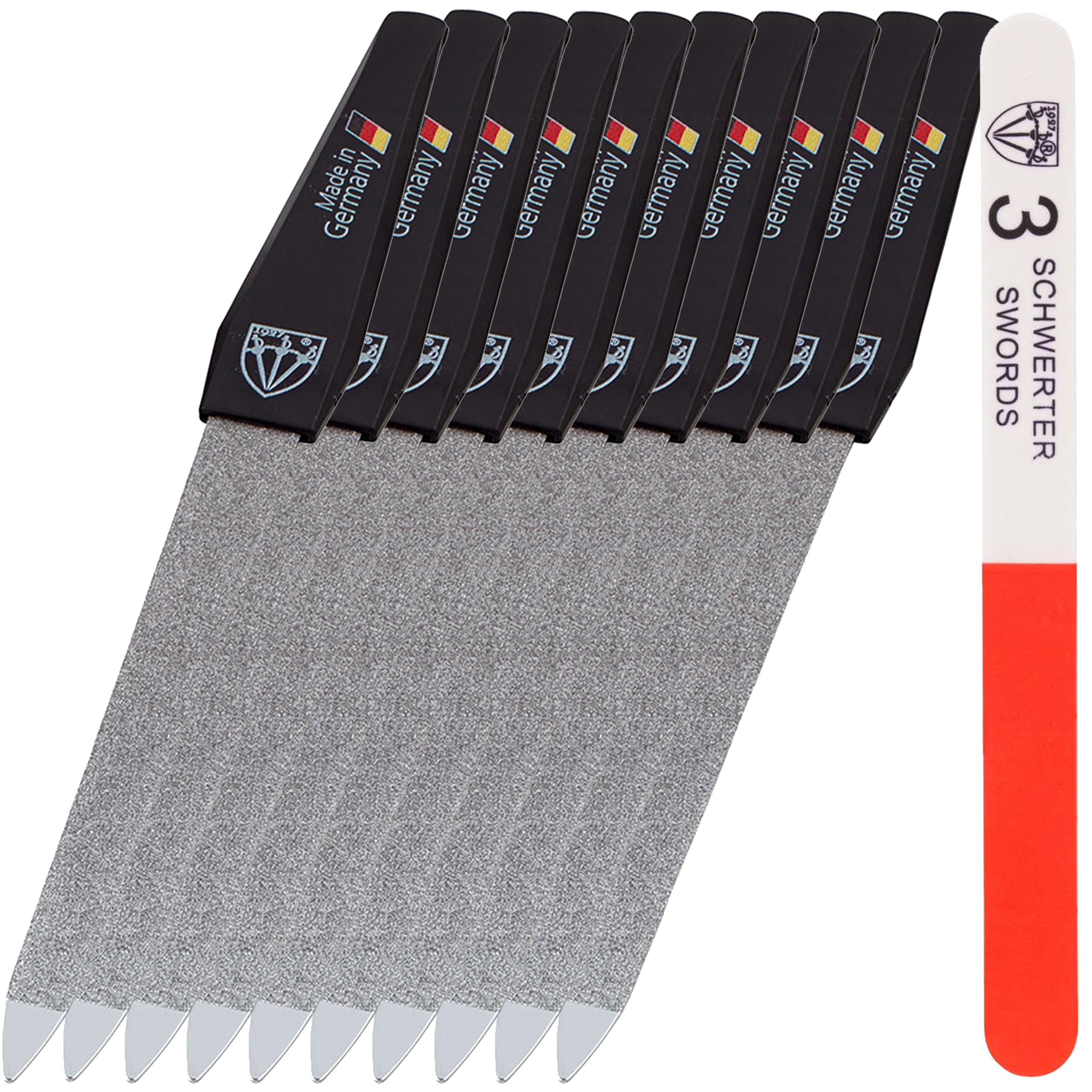 3 Swords Germany - Double Sided Sapphire Metal Nail File Set (10 Pieces) with 3-Way Nail Buffer (1 pc.) Made in Germany
