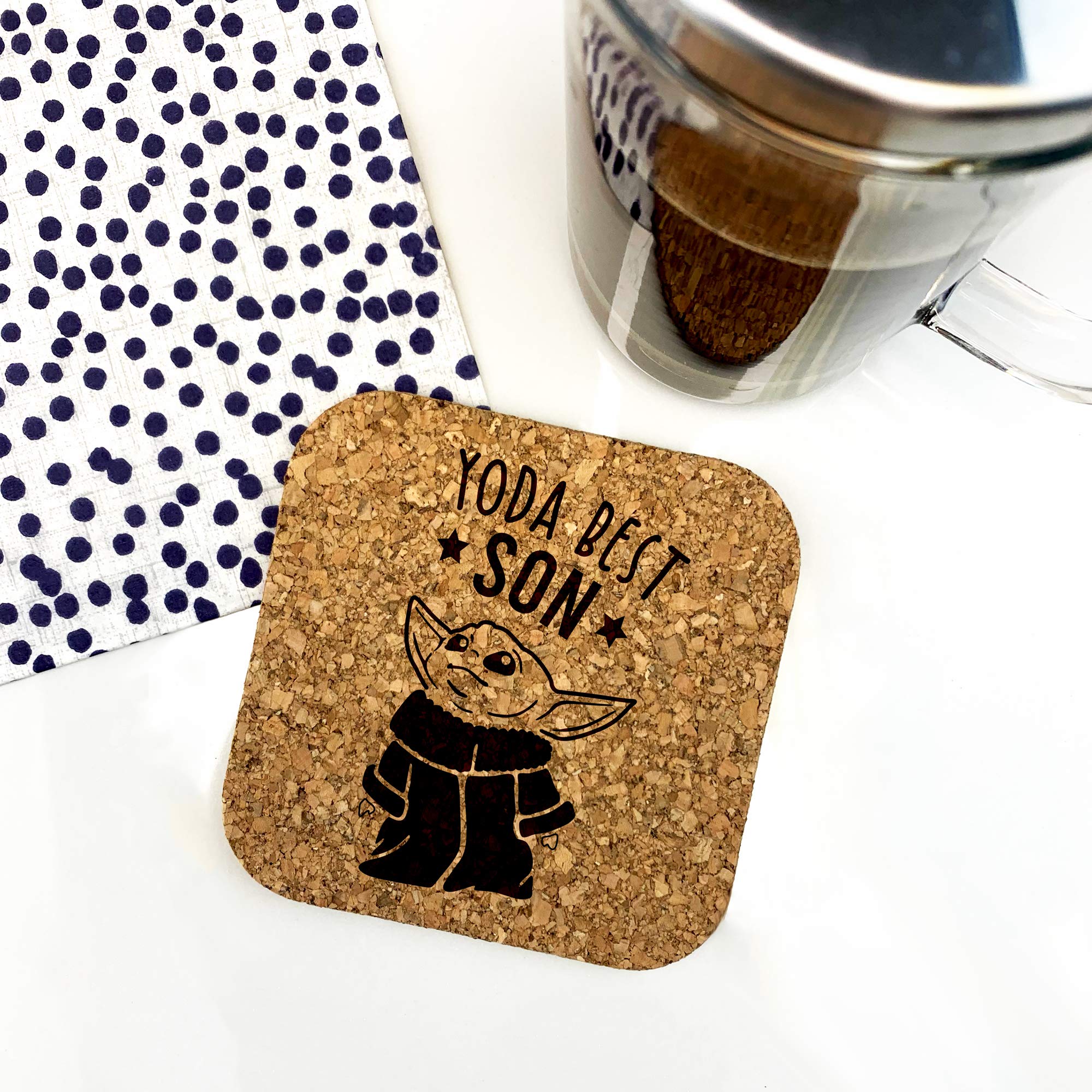 eBuyGB Personalised Square Cork Coaster, Eco-Friendly Engraved Baby Yoda Coaster, Star Wars Themed Drinks Mat, Funny Gifts for Son from Mum & Dad (Yoda Best Son)