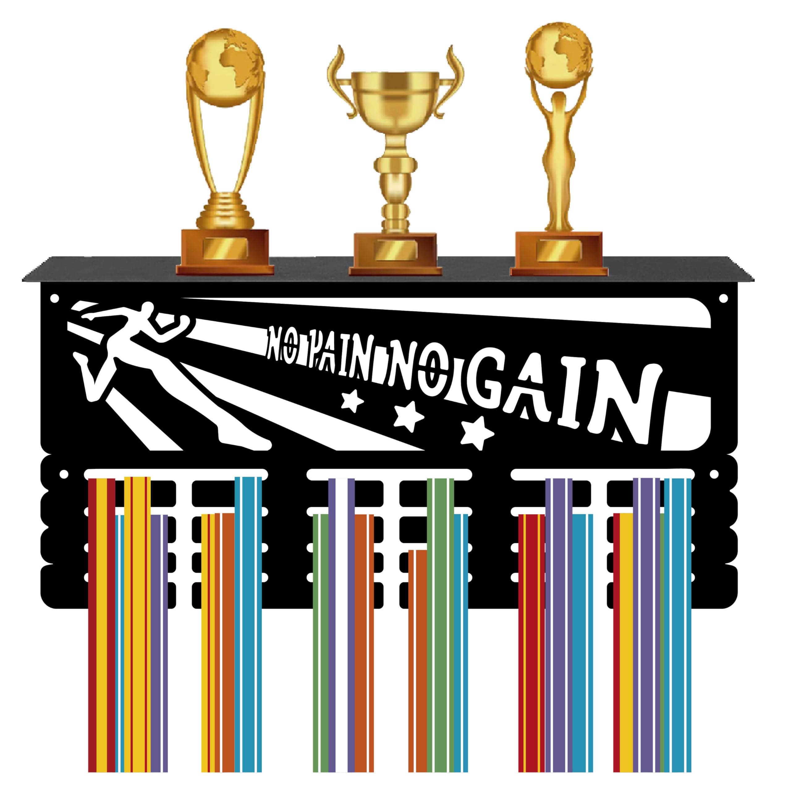 CREATCABIN Medal Holder Trophy Shelf Medal Hangers Display with Shelf Stand Sports 4 Rows Wall Mount Hold 70+ Medals for Gymnastics Soccer Running Swimming Awards Rack 15.7 x 7.9 Inch-NO PAIN NO GAIN