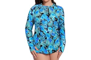 Tanst Sky Women's Plus Size Rash Guard Swim Top Long Sleeve Bathing Suits UV Shirt Zipper Rashguard Swimsuit