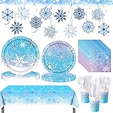 WINTS 175 Pcs Winter Wonderland Birthday Party Supplies, Disposable Snowflake Plates Tableware Set,Paper Plates,Napkins,Cups,Tablecloth Decor for Magical Snowflake Decorations,Serves 24 Guests
