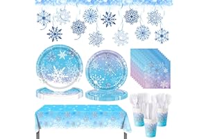 WINTS 175 Pcs Frozen Birthday Party Supplies, Snowflake Plates Tableware,Paper Plates,Napkins,Cups,Swirl Streamers Decor for 