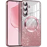 Casetego for Galaxy S25 FE Case,Compatible with MagSafe,Clear Magnetic Glitter Gradient Sparkle Luxury Plated Soft TPU Bumper Full Camera Lens Protector for Samsung Galaxy S25 FE,All Rose Gold