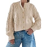 Watashi Women Sweater Casual Button Up Cable Knit Long Sleeve Fall Cropped Cardigan Crewneck Chunky Knitted Sweaters