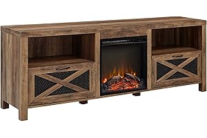 Walker Edison Calgary Industrial Farmhouse X-Drawer Metal Mesh and Wood Fireplace TV Stand for TVs up to 80 Inches, 70 Inch, Rustic Oak