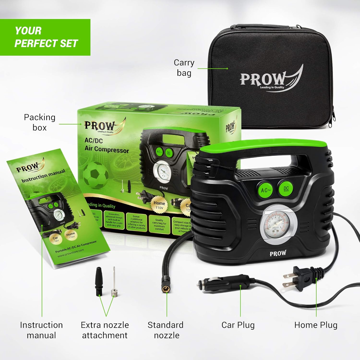 Prow Portable Air Compressor Tire Inflator AC/DC Electric Pump for Car – DC 12V, Home – AC 110V, Upscale, with Analog Pressure gauge, Air pump for Car Tires, Motorcycle, Bike, Basketball and More.: Home Improvement