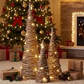 Jenaai 3 Lighted Christmas Cone Tree Rattan Table Centerpiece, 24/16/12 in | Pre-lit Rattan Tree, Xmas Rustic Decor, with LED