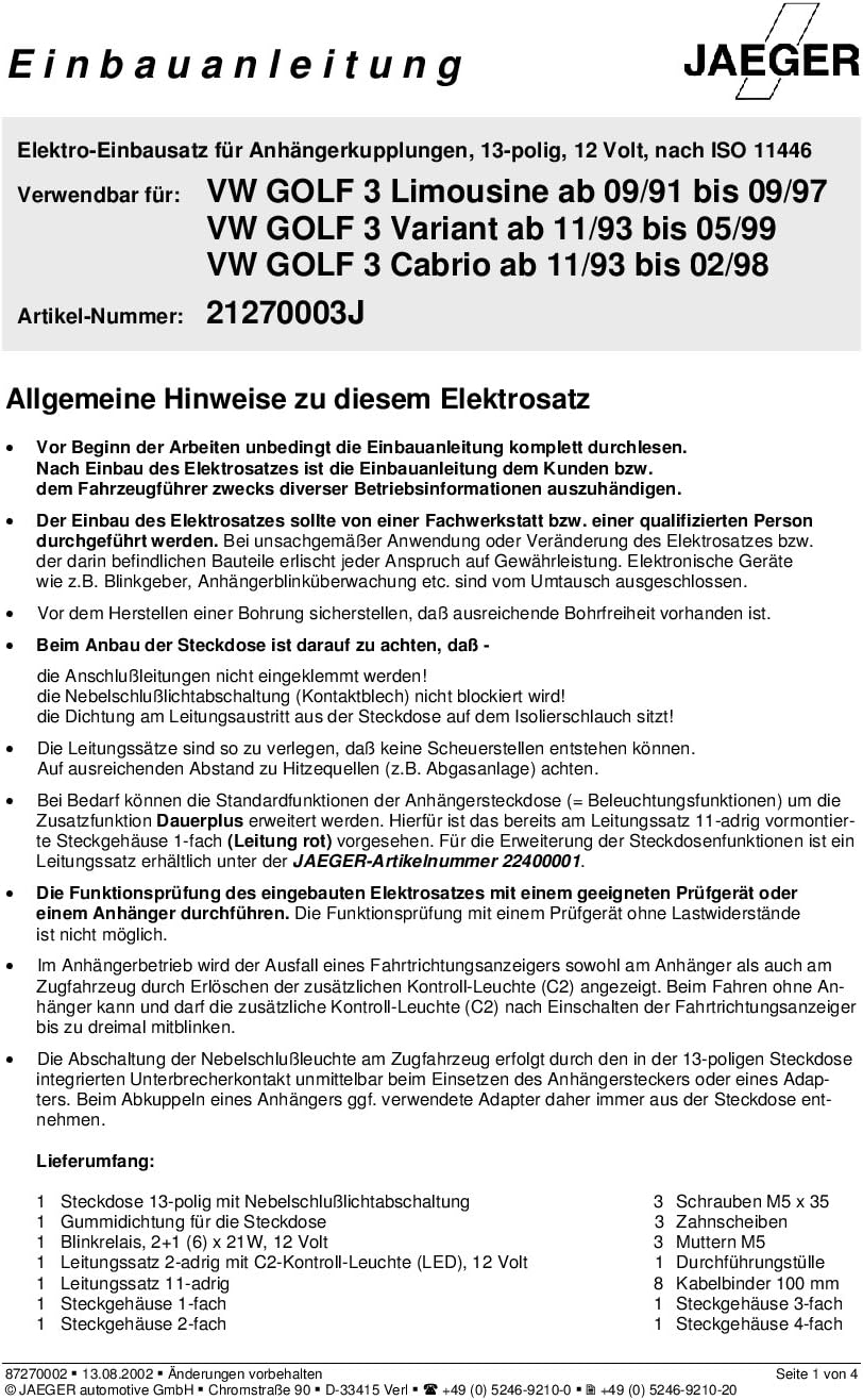 Jaeger 13 Poliger Spezifischer Elektrosatz Kompatibel Mit Vw Golf Iii Cabriolet 1993 1998 21270003zm2 Amazon De Auto