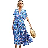 R.Vivimos Women Summer Print Deep V Neck Cotton Beach Long Dresses