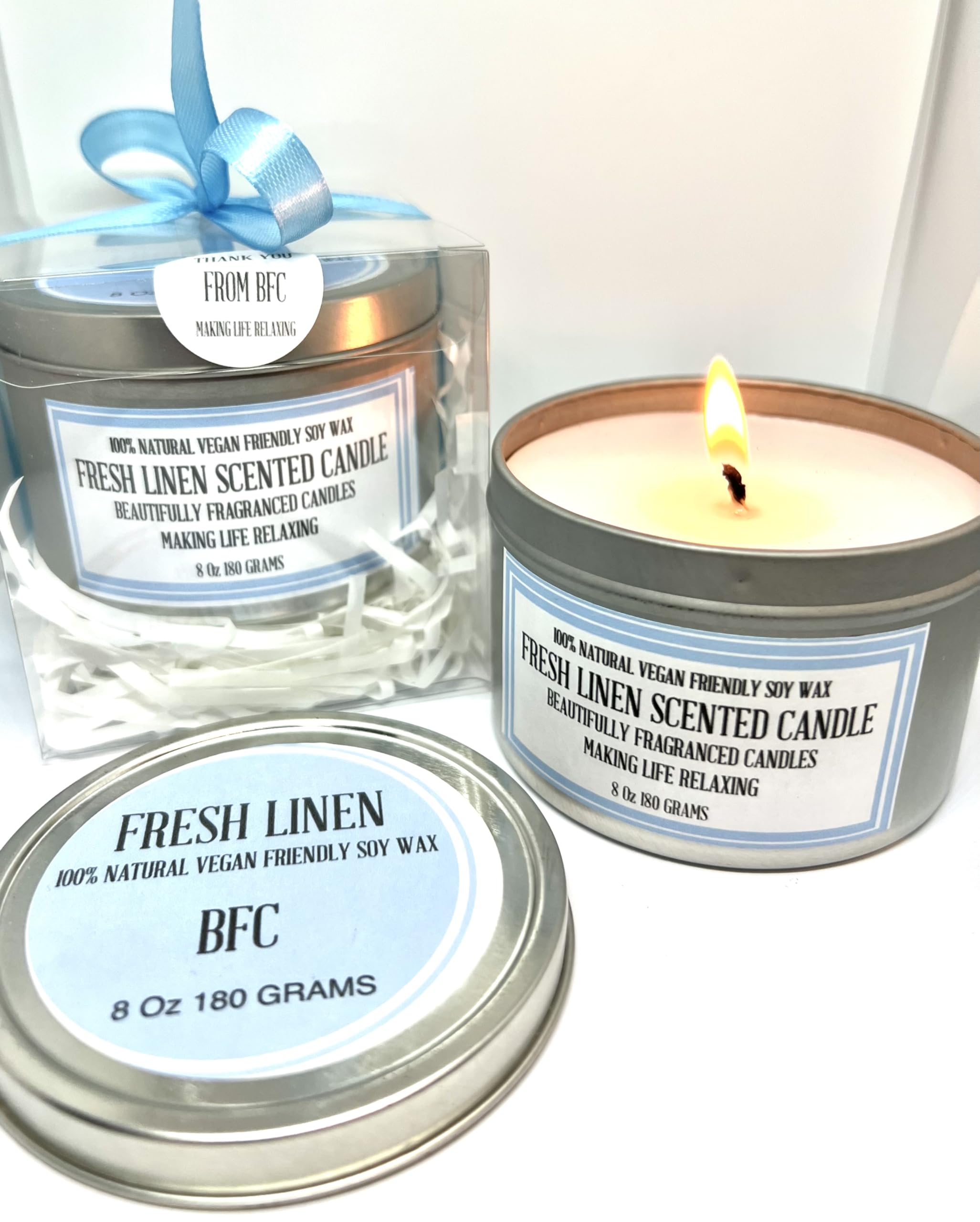 Fresh Linen Scented Soy Wax Candle - Handmade BFC - Fresh Linen Scented 36 Hours Burn Time 8 Oz 180 Grams Soy Wax Candle Silver Brush Finish Tin. Fresh Linen Scented
