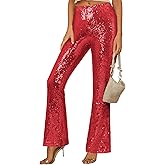 GRAPENT Sequin Pants for Women Flare High Waisted Pull On Elastic Waist Party Club Night Out Dance Stretch Sparkly Pants