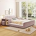Velvet Upholstered Grounded Bed Platform Bed, Wooden Full Size Mother & Child Bed Frame with Bedside Desk and Little Round Stool, Kids Adults Bedroom Furniture Floor Bed Platform Bed (Pink Bed)
