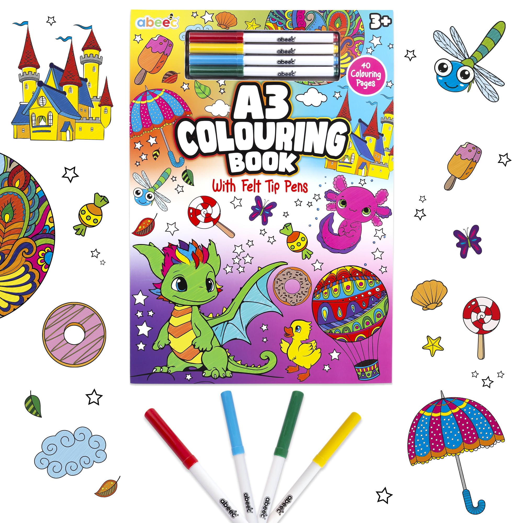 abeec Colouring Book for Children with Felt Tip Pens, A3 Colouring Book for Colouring and Painting, Perfect Stocking Filler for Boys and Girls Party Bag Filler