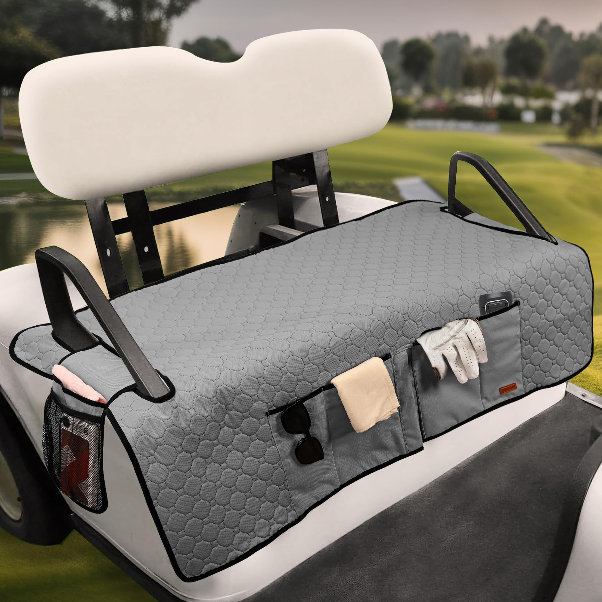 Photo 1 of CROTIRAD Golf Cart Seat Covers with 4 Side Pockets, Universal Club Car Seat Covers Towel Blanket with 4 Front Pockets & Nonskid Bottom Compatible with EZGO and More 2 Person Seats Golf Carts, Gray