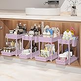 Sevenblue Under Sink Organizer, Bathroom Organizers and Storage, 2 Tier Multi-Use Pull Out Cabinet Organizer with Hang Hooks and Cups (Pink, 4 Pack)