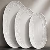 Oval Serving Platter, 14"/12"/10" Ceramic Serving Platters, Embossed White Serving Plates, Stackable Porcelain Tray for Appetizer, Dessert, Pasta, Sushi, Oven Dishwasher Safe, Set of 3, Family Dining
