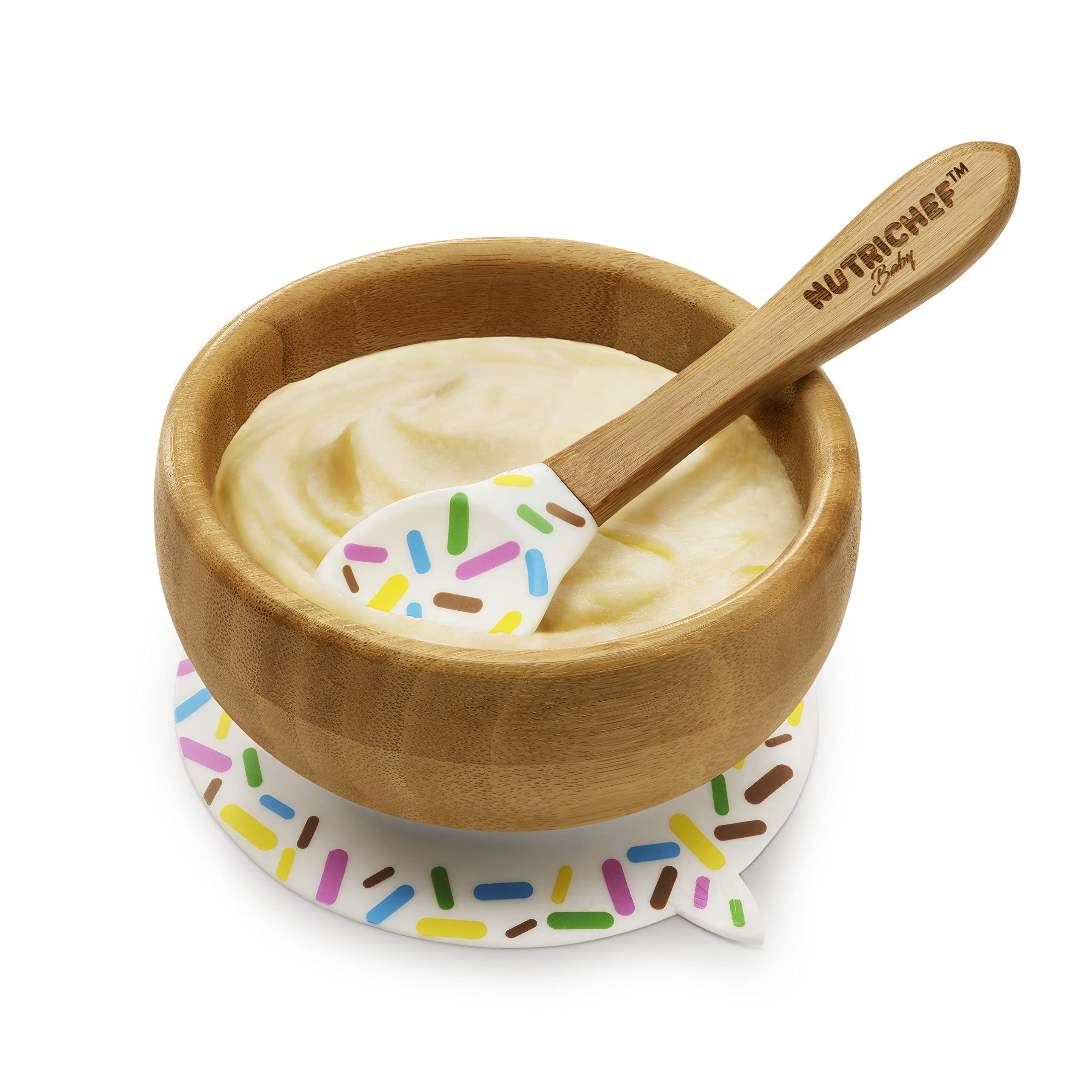 NutriChef Bamboo Baby Feeding Bowl - Wooden Infant Toddler Dish and Spoon Set w/Silicone Suction Base for Stay Put Eating, For Children Aged 4-72 Months (Sparkle)