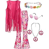 CICOCI 60s 70s Outfit For Women Hippie Costume 8pcs Fringe Vest Flared Pants Costume Peace Sign Necklace Earrings