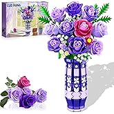 CUBIMANA Purple Roses Flowers Building Set with Vase & LED Light, 17 Mini Flowers Bouquet Building Blocks Toy for Adults, Artificial Flowers for Home Office Decor & Display, Gifts for Women & Men