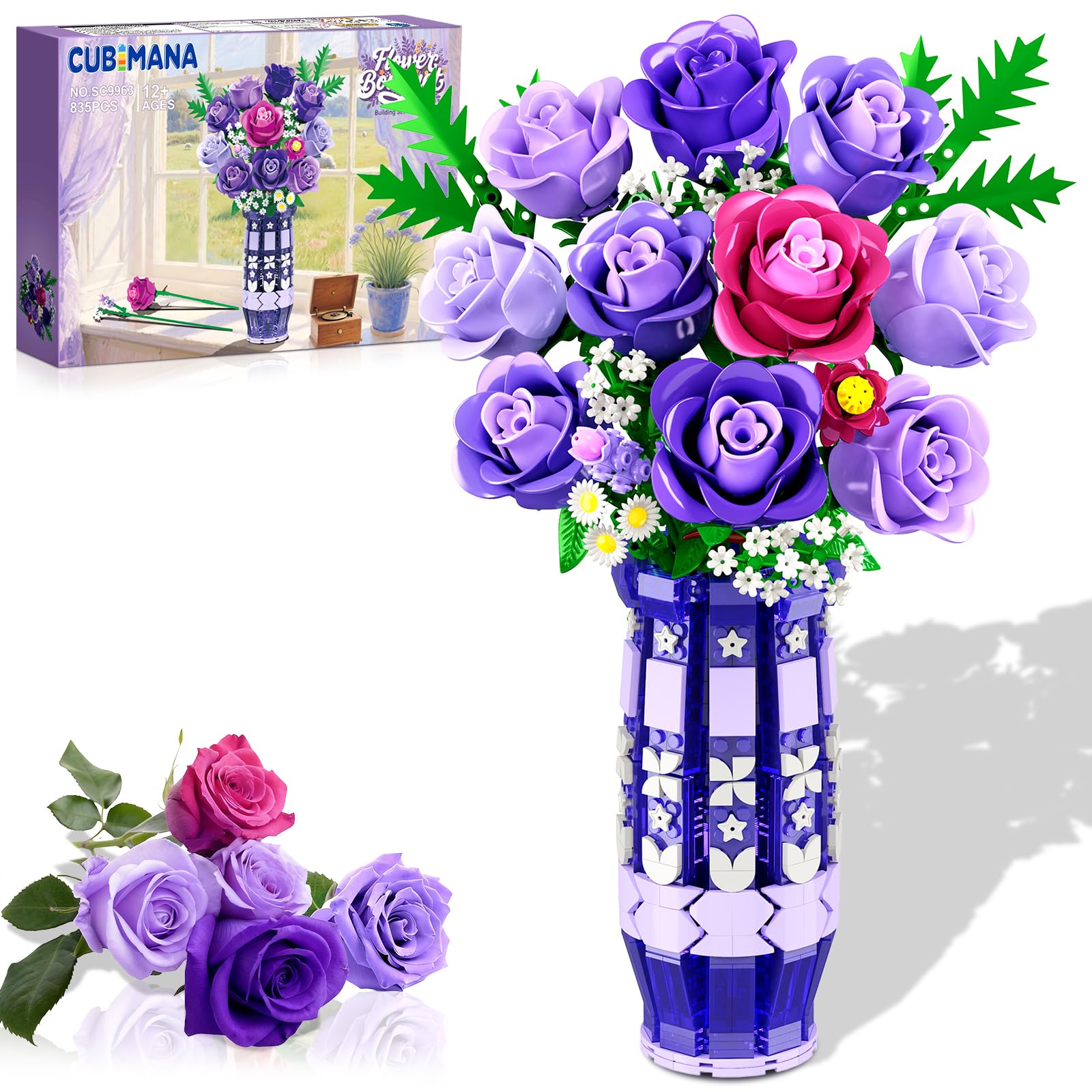 CUBIMANA Lila Rosen Blumen-Bauset mit Vase und LED-Licht, 17 Mini-Blumenstrauß-Bausteine, künstliche Blumen für Zuhause und Büro, Geschenk für Erwachsene, Frauen und Mädchen ab 12 Jahren