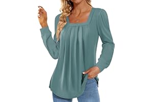 Funlingo 2024 Women's Long Sleeve Tops Dressy Pleated Square Neck Tunic Blouses Casual Loose Shirts