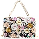 DEXMAY Women's Elegant Floral Beaded Evening Clutch Purse with 2 Detachable Straps,3D Flowers Handbag for Wedding,Party,Prom