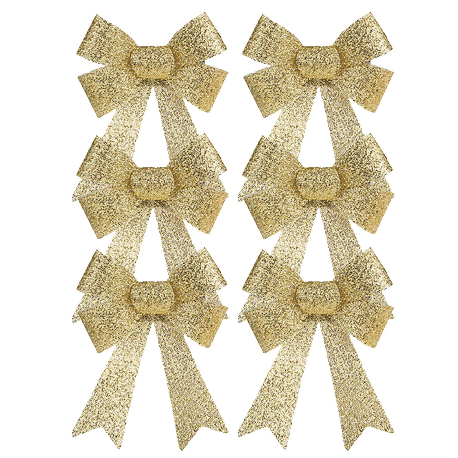 AKH® 5" x 4.5" Sparkling Christmas Glitter Tinsel Bows | Pack of 6 Xmas Bows | Tinsel Effect Christmas Bow Luxury Hanging Indoor Outdoor Christmas Tree Decoration Bows | Twist Tie On (Gold)