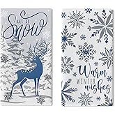 Croar Warm Winter Wishes Wonderland Kitchen Dish Towels Set of 2, Blue Let It Snow Deer Snowflake Drying Hand Towels Baking Cooking Cloth, Christmas Pine Tree Seasonal Home Kitchen Decoration 18 x 26