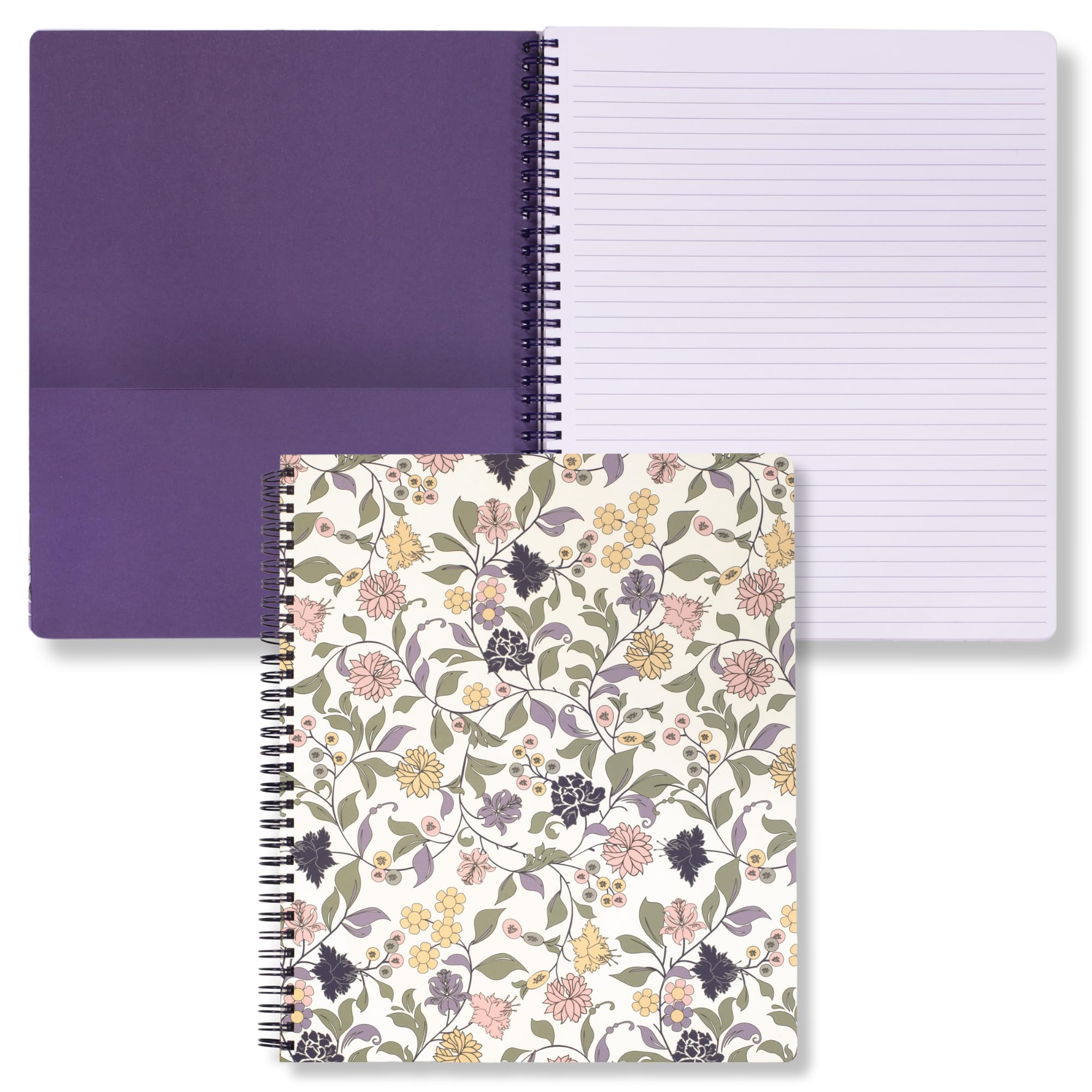 Steel Mill & Co Cute Large Spiral Notebook College Ruled, 11" x 9.5" with Durable Hardcover and 160 Lined Pages, Purple Vine Ditsy — image 1
