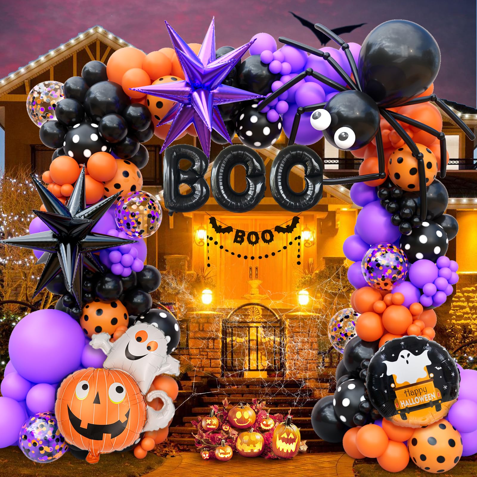 Photo 1 of 157Pcs Halloween Balloon Garland Arch Kit, Eye Balloons with Spider, Bat Ghost Pumpkin Spider Web Boo Black Purple Star Foil Balloons, Purple Orange and Black Balloon for Halloween Party Decorations