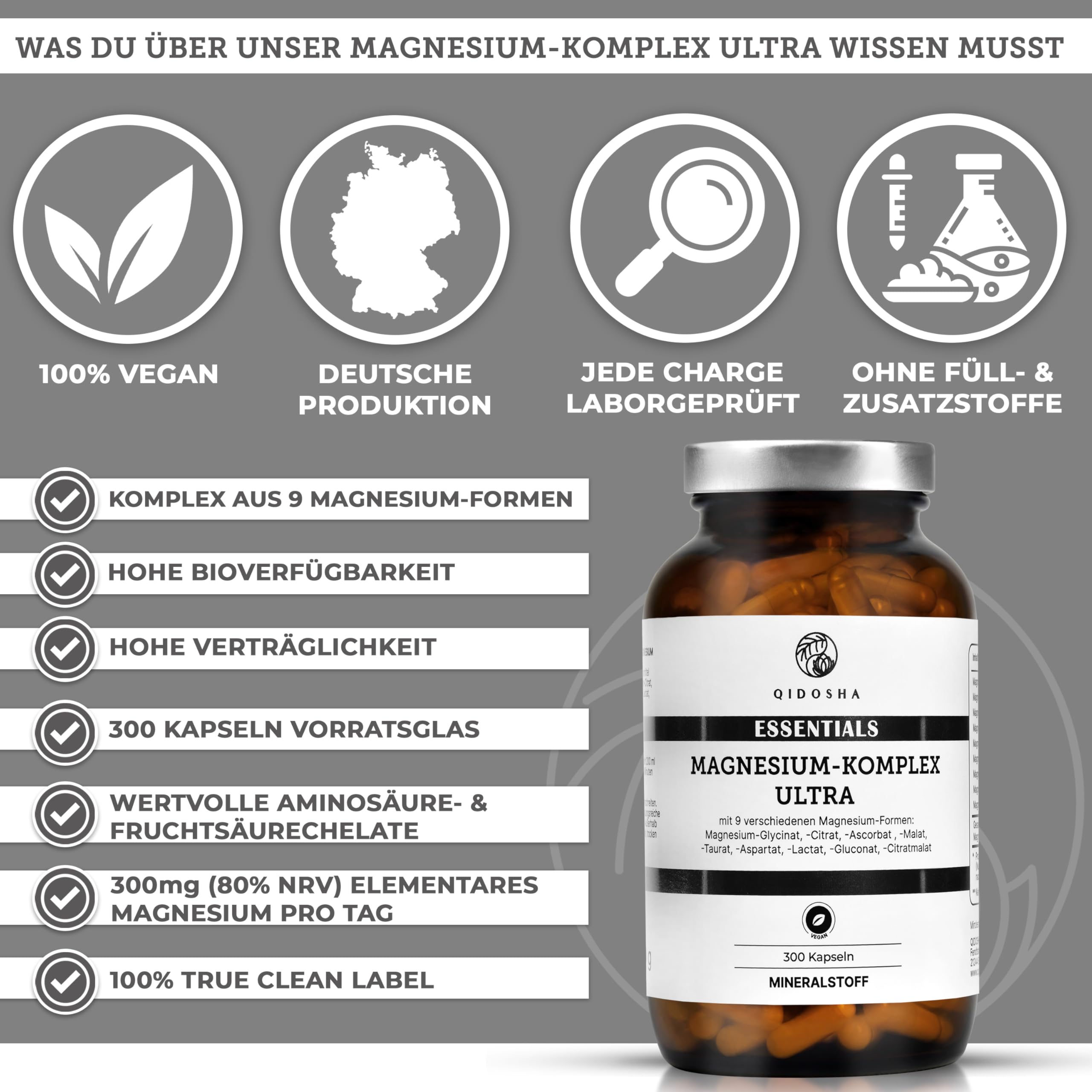 QIDOSHA® Magnesium Komplex hochdosiert, 300 Kapseln im Apothekerglas, 9 Mg-Formen mit sich ergänzenden Wirkschwerpunkten als Mg-Vollspektrum, 300mg elementares Magnesium/Tagesportion 3
