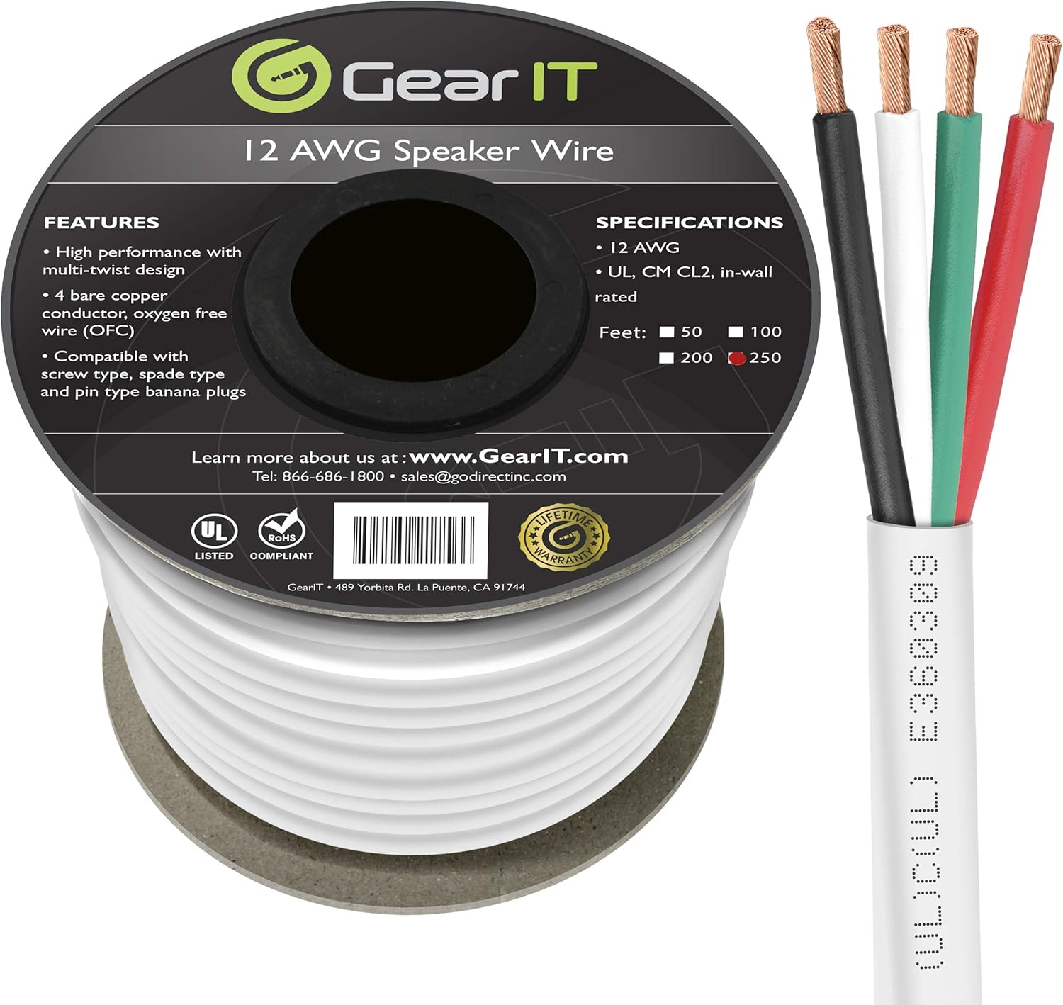 GearIT Pro Series 12 Gauge 4-Conductor Speaker Wire (250 Feet / 76 Meters) 12 AWG OFC (99.9% Oxygen Free Copper) Speaker Wire CL2 Rated for in-Wall Speaker Cable, White: Electronics