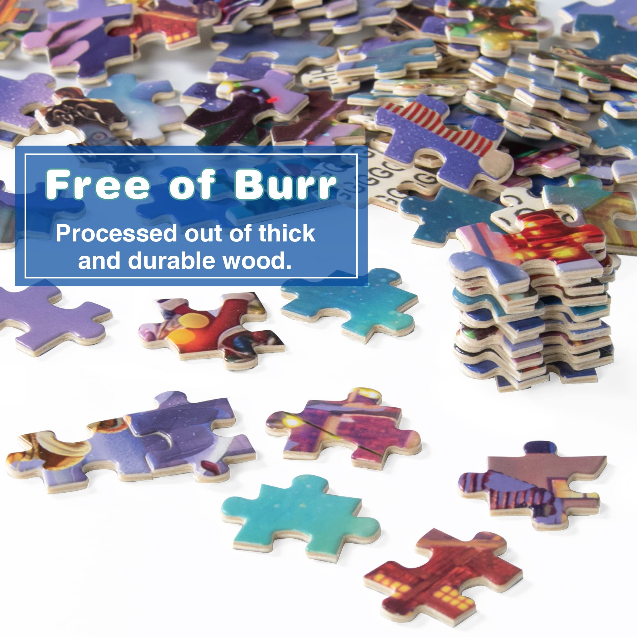 Lavievert Wooden Jigsaw Puzzle 1000 Piece Puzzle for Adults - Christmas Tree, Snowman, Milu Deer & Presents on Snowy Christmas Eve