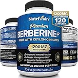 Nutrivein Premium Berberine HCL 1200mg Plus Organic Ceylon Cinnamon - 120 Capsules - Supports Insulin, Glucose Metabolism, Im