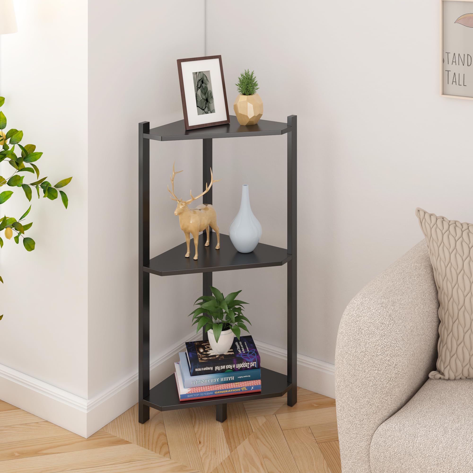 Photo 1 of Wisuce Corner Shelf, 100% Real Bamboo Shower Corner Shelves Free Standing Shelf Storage Organizer for Bathroom Living Room Kitchen (Black, 3 Tier)