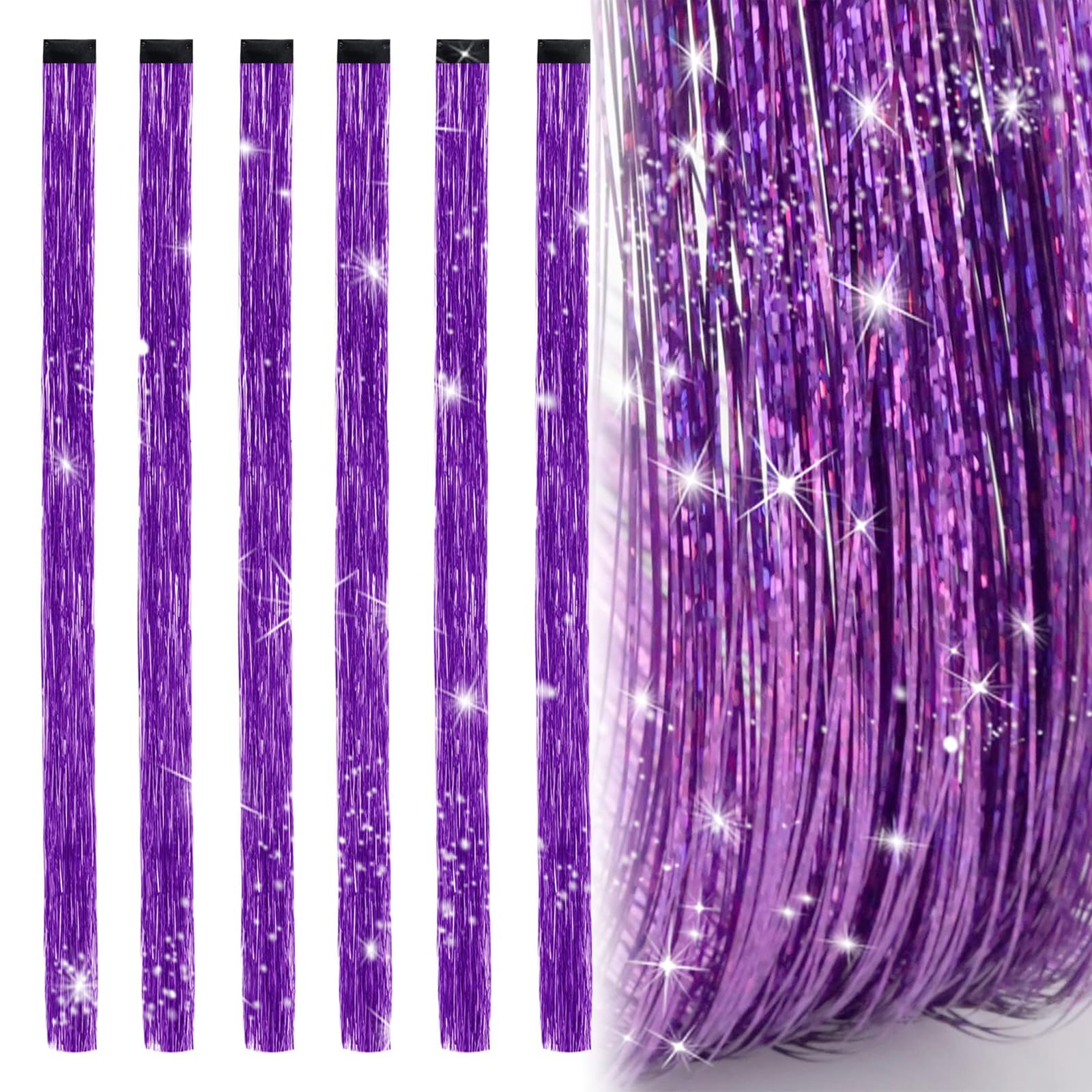 Photo 1 of 19.7 Inch Clip In Hair Tinsel Fairy Hair Tinsel Kit Clips Clip On Glitter Hair Tinsel Extensions Purple