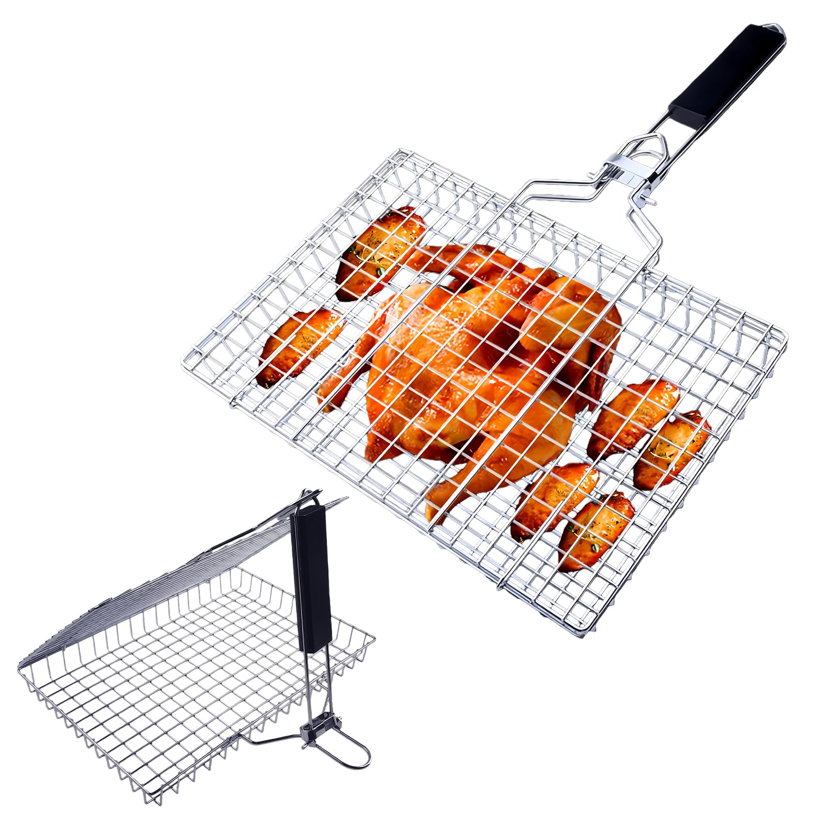 Holzsammlung BBQ Grilling Basket, Portable Foldable Stainless Steel Barbecue Grill Basket for Roast Fish Vegetables Shrimp Steak, with Wooden Handle, Perfect for Camping and Outdoor Cooking #08